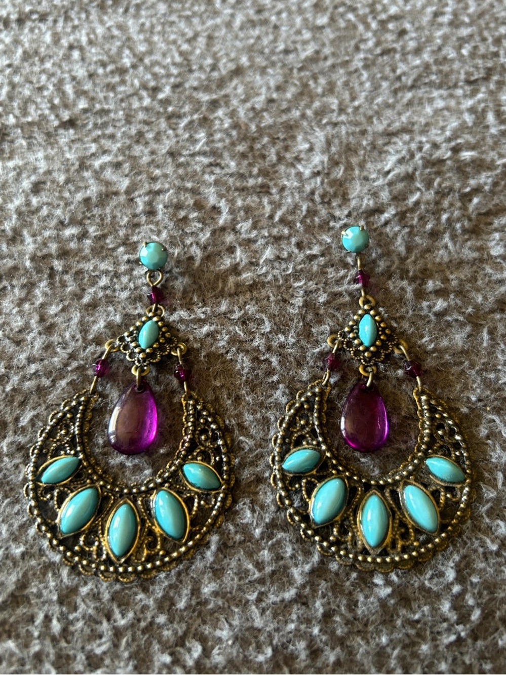 Turquoise and Purple Teardrop Filigree Dangle Earrings